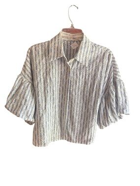 GeeGee vintage blue white eyelet lace striped top Size S